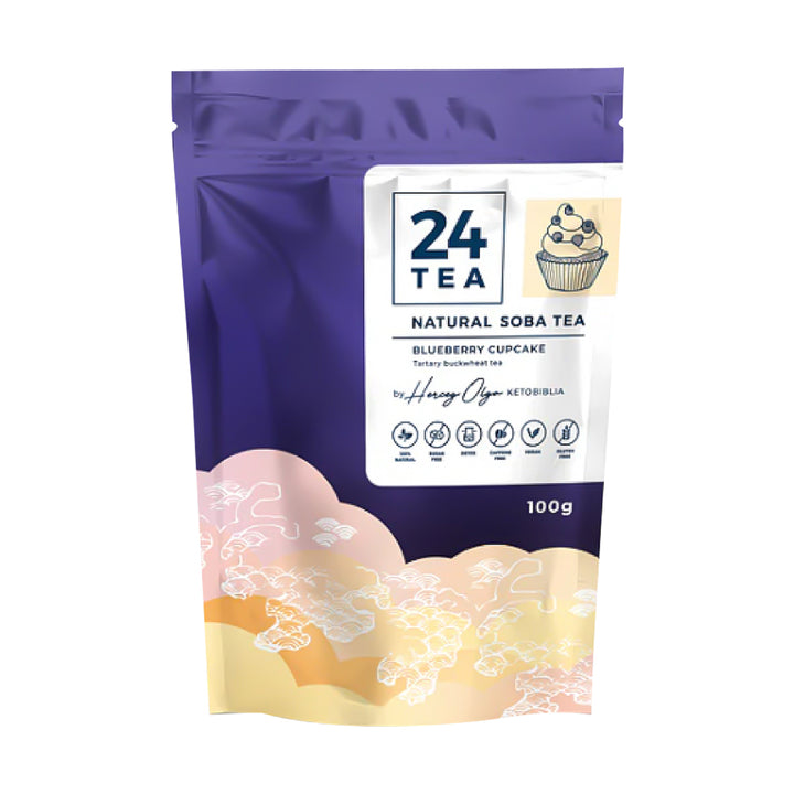 A 100g stand-up pouch of 24 Tea Natural Soba Tea, Blueberry Cupcake flavor, on a solid white background.
