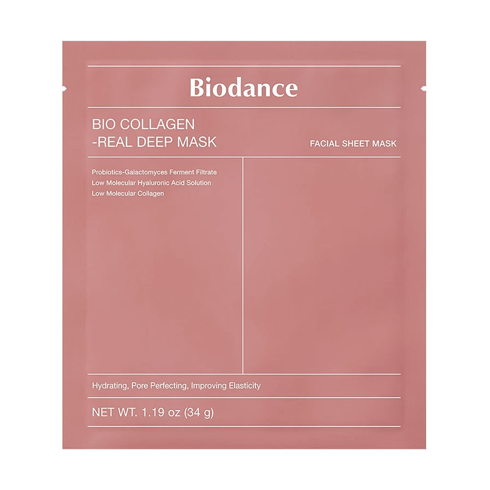 Biodance Bio Collagen - Real Deep Mask facial sheet mask in a dusty rose pink pouch, shown against a plain white background.