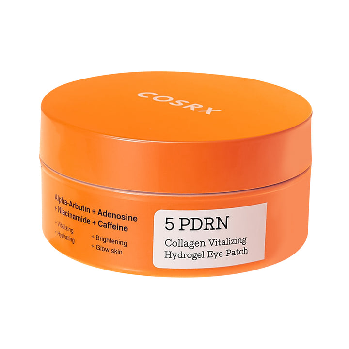 COSRX 5 PDRN Collagen Vitalizing Hydrogel Eye Patch in an orange jar with a white label, on a solid white background.