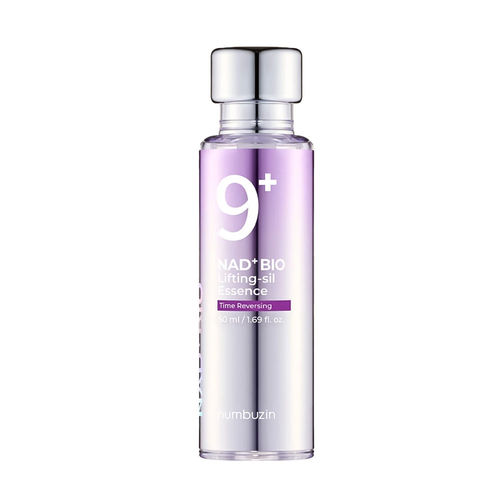 A bottle of numbuzin NAD+ BIO Lifting-sil Essence with a metallic silver cap and a lavender-to-silver gradient label, shown on a plain white background.