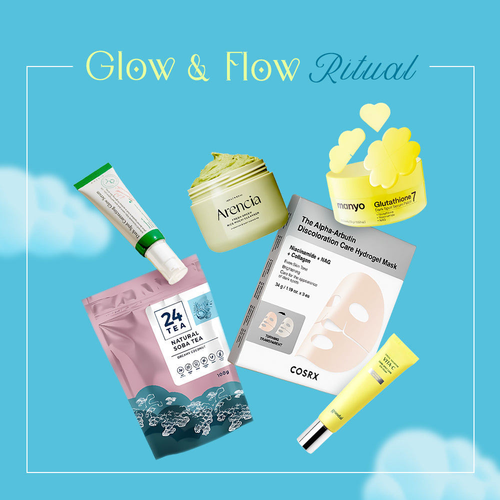 A curated skincare bundle titled 'Glow & Flow Ritual' featuring multiple products: a pink pouch of 24 Tea Natural Tea, a green cream jar labeled Arancia, a yellow tube, a COSRX sheet mask box, and a yellow jar labeled Omyo. The products are arranged on a bright blue background with white clouds and a thin white border.