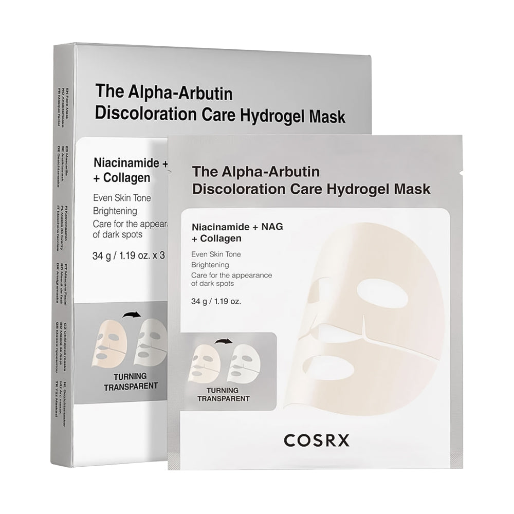 COSRX The Alpha-Arbutin Discoloration Care Hydrogel Mask packaging, showing a box and a single sachet with white and light gray design and a printed sheet mask illustration.