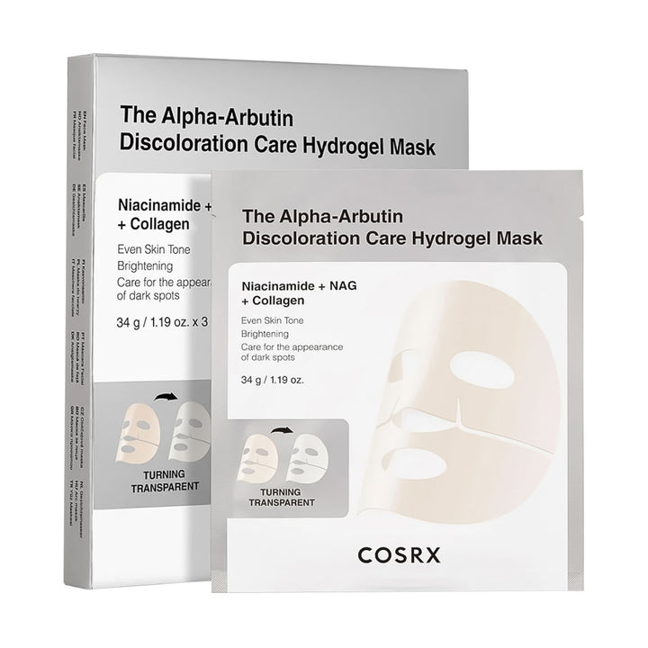 COSRX The Alpha-Arbutin Discoloration Care Hydrogel Mask packaging, showing a box and a single sachet with white and light gray design and a printed sheet mask illustration.
