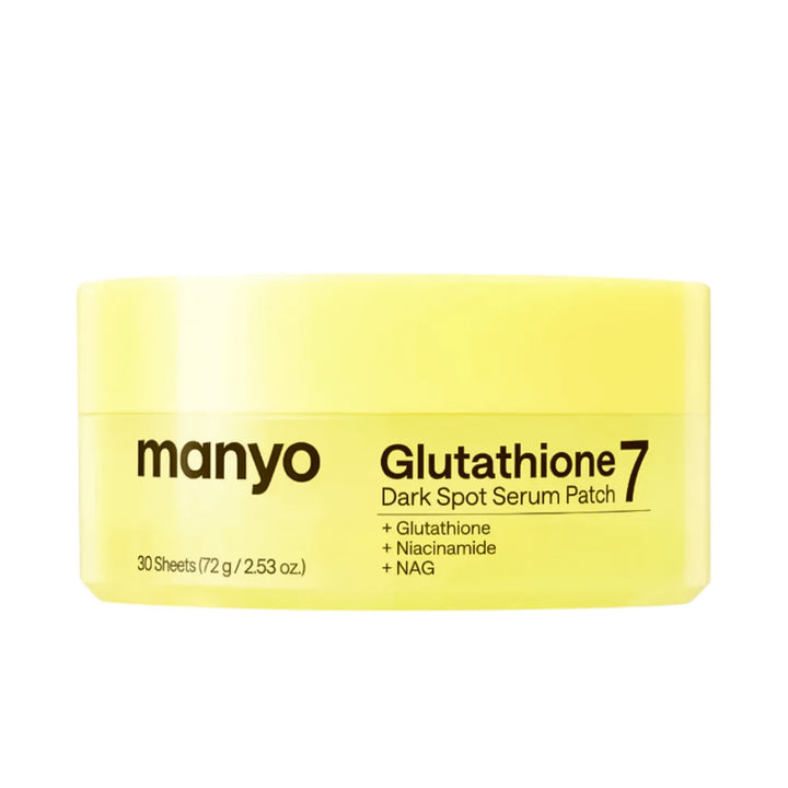 A yellow cosmetic jar of manyo Glutathione 7 Dark Spot Serum Patch on a plain white background.