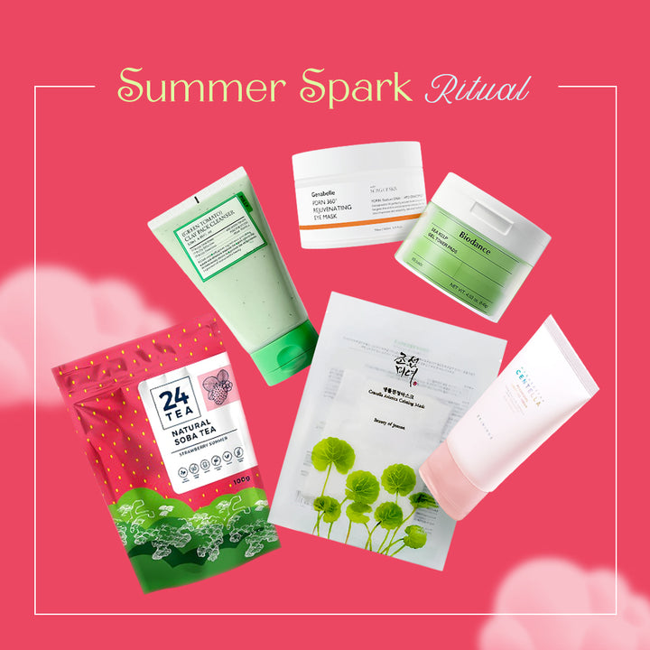 A curated collection of skincare and tea products arranged on a bright pink background with the text &