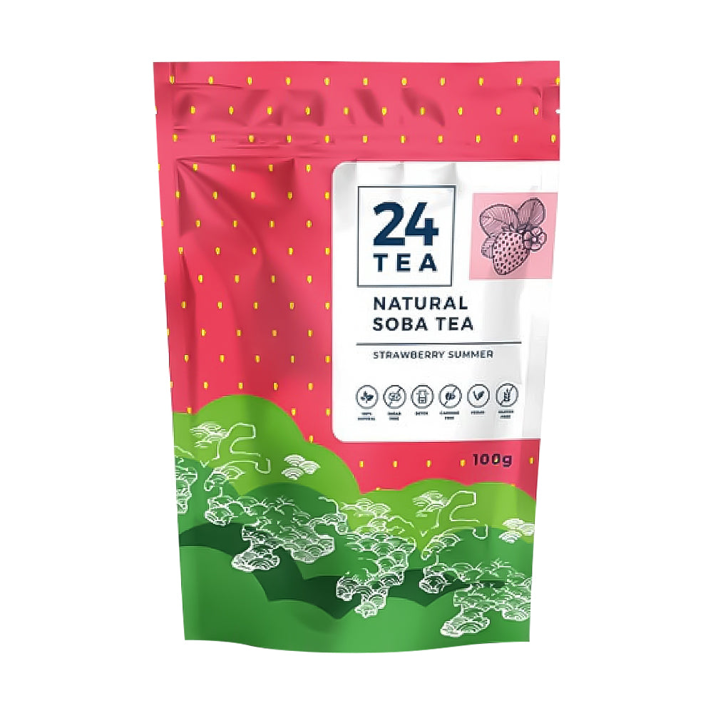A 100g stand-up pouch of 24 Tea Natural Soba Tea in the Strawberry Summer flavor. The packaging features a bright pink top half with small yellow raindrop details, a white central label with the brand logo, and a green bottom half with white soba noodles illustrated on a plain white background.