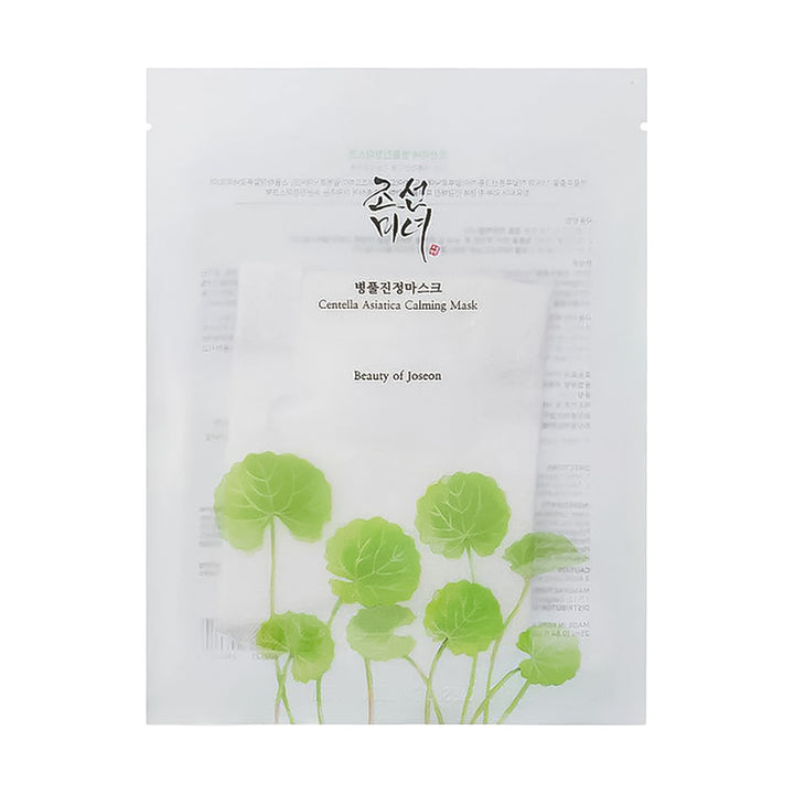 Beauty of Joonson Cornellia Asenica Calming Mask in a white resealable pouch with green leaf illustrations and Korean text.