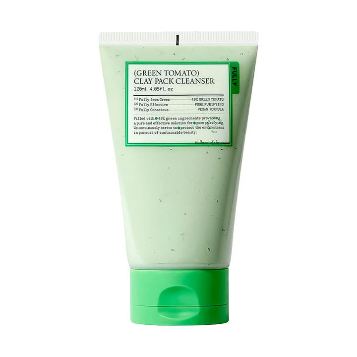 A 120ml squeeze tube of Clay Pack Cleanser in Green Tomato, featuring a light green body with darker green speckles, a white cap, and a green label with white text.