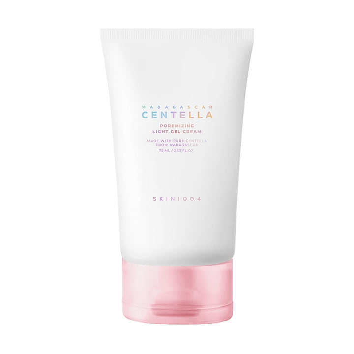 A white squeeze tube of SKIN1004 Madagascar Centella Poreshizing Light Gel Cream with a translucent pink cap, shown on a solid white background.