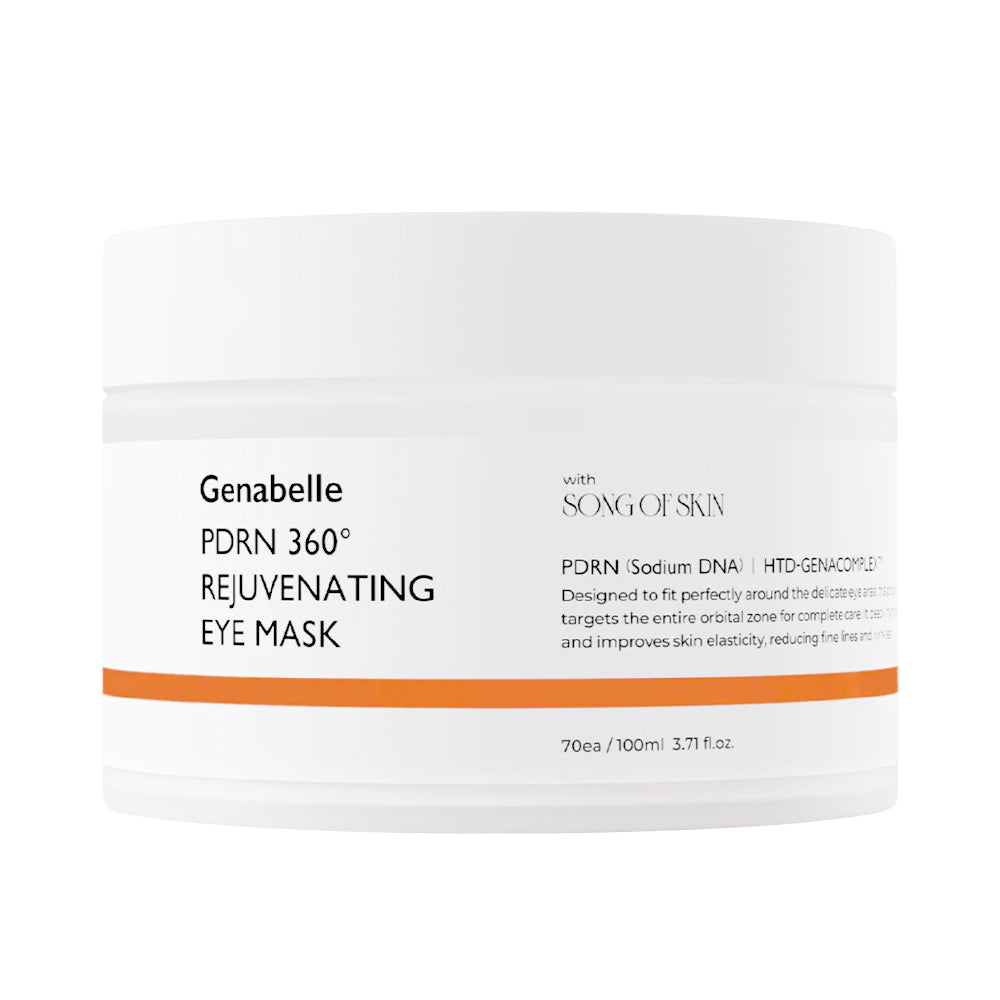 A white cosmetic jar of Genabelle PDRN 360° Rejuvenating Eye Mask by Song of Skin, featuring a clean white label with black text and an orange accent stripe, set against a plain white background.