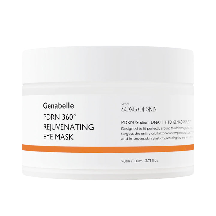A white cosmetic jar of Genabelle PDRN 360° Rejuvenating Eye Mask by Song of Skin, featuring a clean white label with black text and an orange accent stripe, set against a plain white background.
