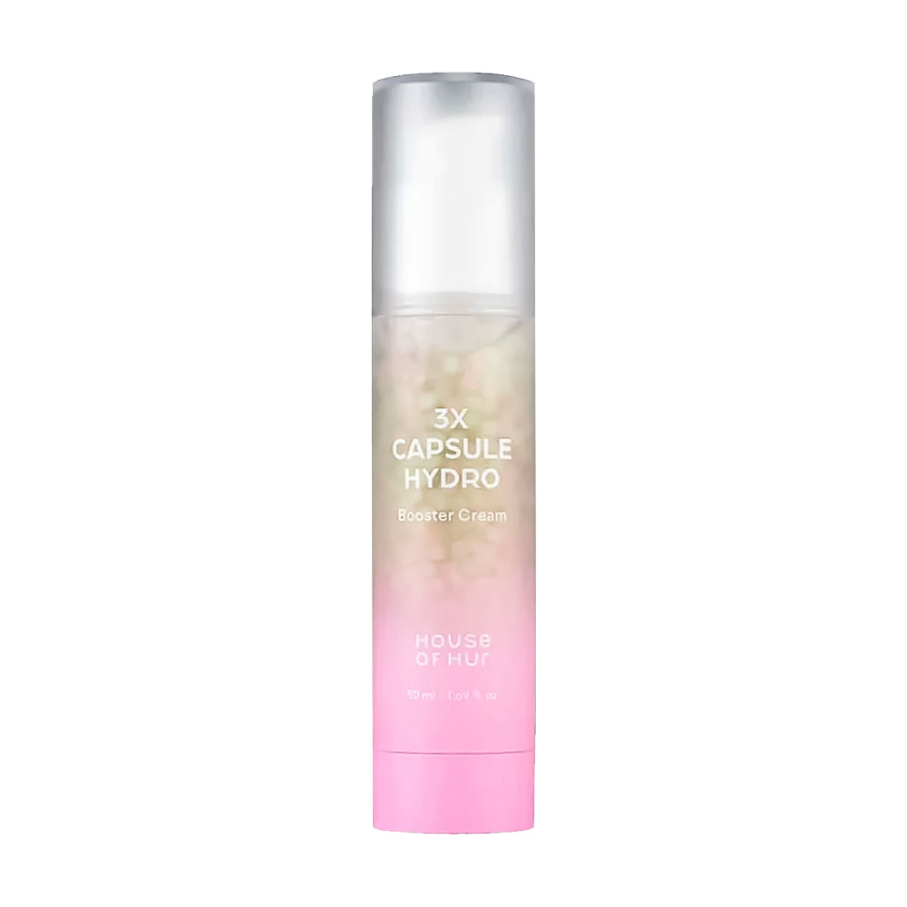 A cylindrical cosmetic tube for House of Hur 3X Capsule Hydro Booster Cream, featuring a frosted top, a pink-to-cream gradient body, and a solid pink base, set against a plain white background.