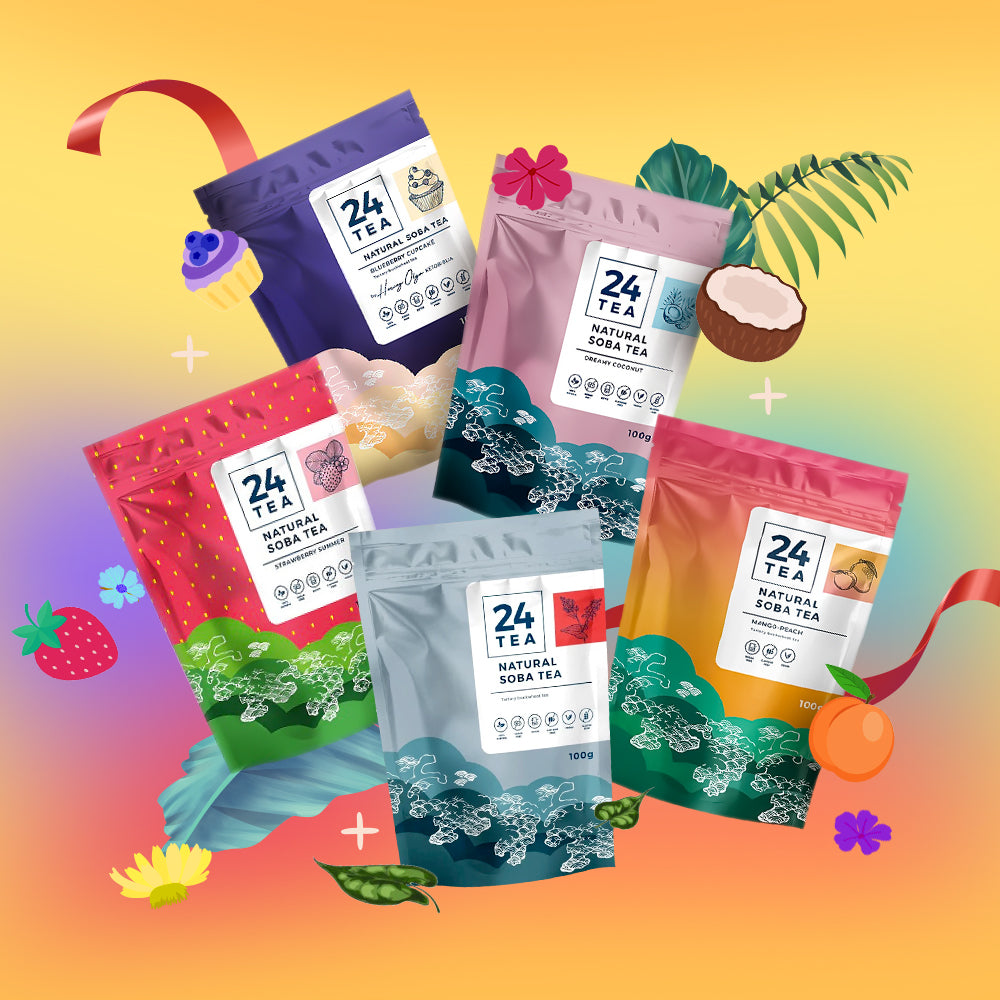 Six colorful stand-up pouches of 24 Tea natural sugar tea arranged in a floating composition on a bright yellow-to-orange gradient background with tropical and fruit illustrations.