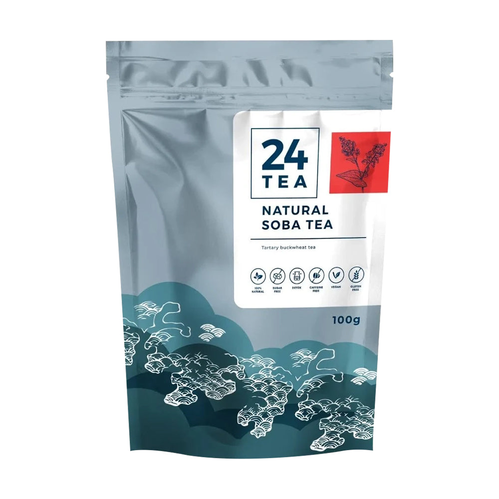 A 100g stand-up pouch of 24 Tea Natural Soba Tea, featuring a metallic silver top half, a white label with blue text, a red brand accent block, and a teal wave pattern with white soba noodle illustrations on the bottom half.