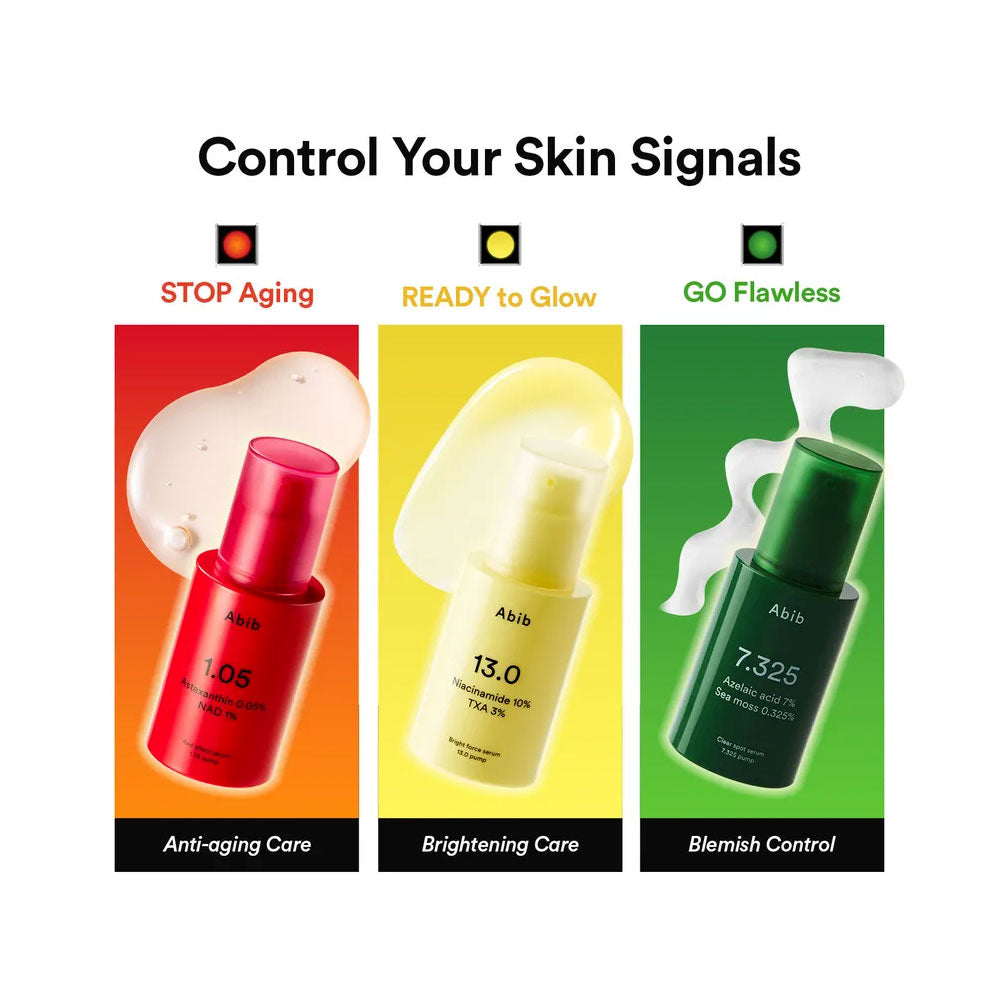 A promotional graphic for Abib skincare showing three product bottles with different colored creams and text labels: &