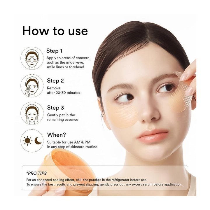 Instructional graphic showing how to use a skincare patch on a woman&