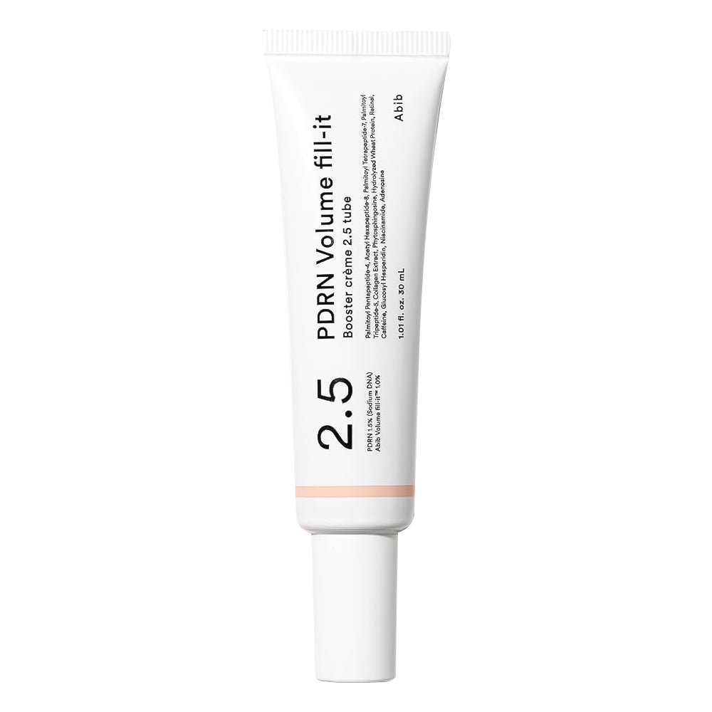 A white squeeze tube of Aibib PDRN Volume fill-it cosmetic cream, featuring black text and a thin peach accent band near the bottom, set against a plain white background.