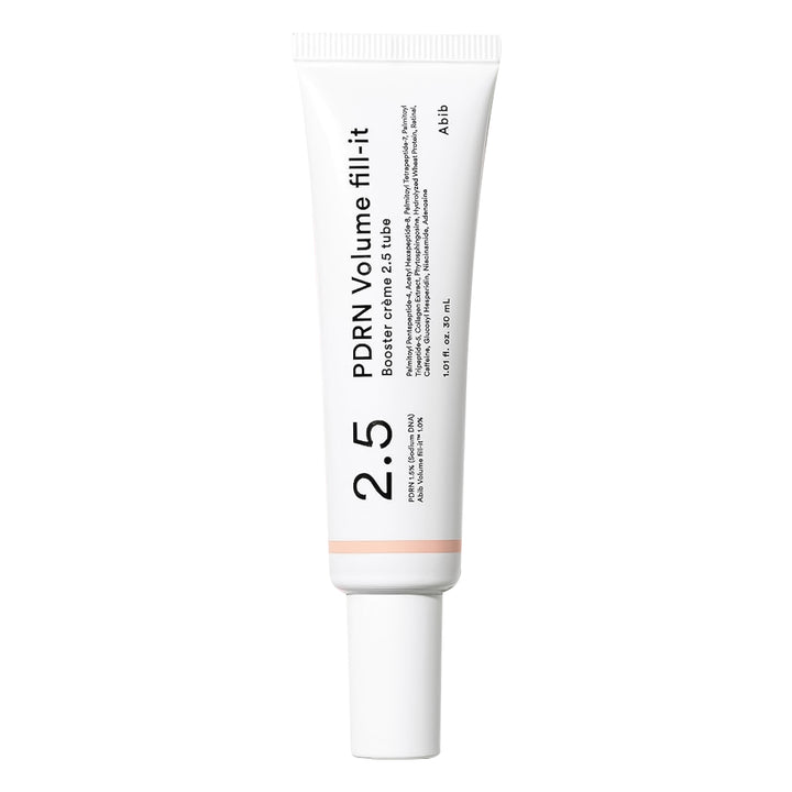 A white squeeze tube of Aibib PDRN Volume fill-it cosmetic cream, featuring black text and a thin peach accent band near the bottom, set against a plain white background.