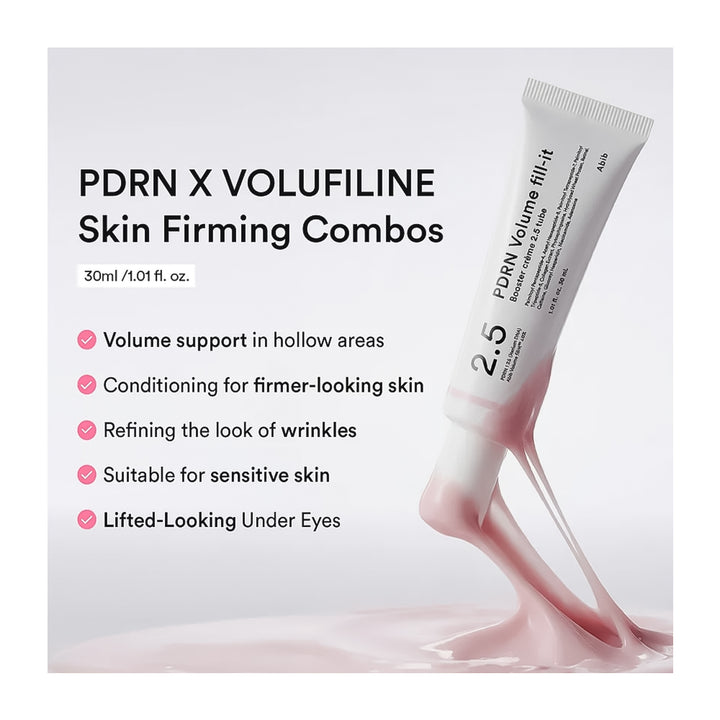 A cosmetic tube labeled PDRN X VOLUFILINE Skin Firming Combos floating above a pink gel pool on a light gray background, with marketing text listing benefits such as volume support, skin conditioning, wrinkle refinement, suitability for sensitive skin, and lifted-looking under eyes.
