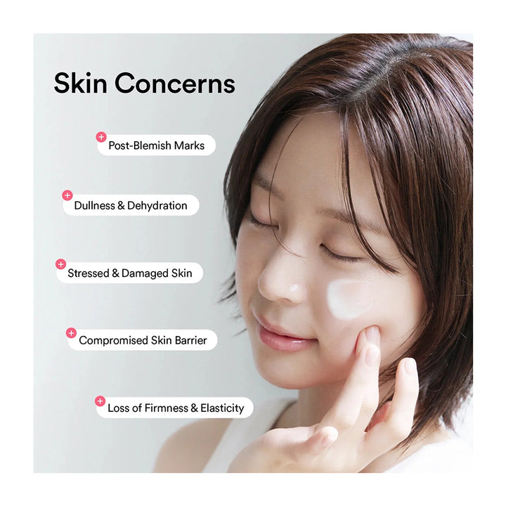 A promotional skincare graphic with a woman touching her face beside text listing skin concerns: post-blemish marks, dullness and dehydration, stressed and damaged skin, compromised skin barrier, and loss of firmness and elasticity.