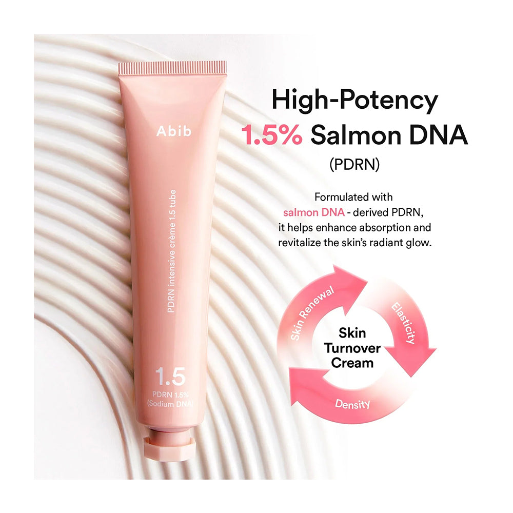 A pink squeeze tube of Abib 1.5% Salmon DNA (PDRN) intensive cream is shown on a white background with wavy lines.
