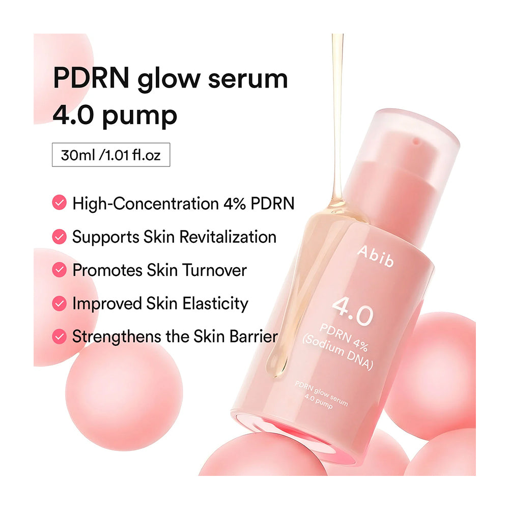 Abib PDRN glow serum 4.0 pump bottle in a translucent pink bottle with a frosted cap, shown with a gold droplet and surrounded by pink spheres on a white background with product text and benefits.