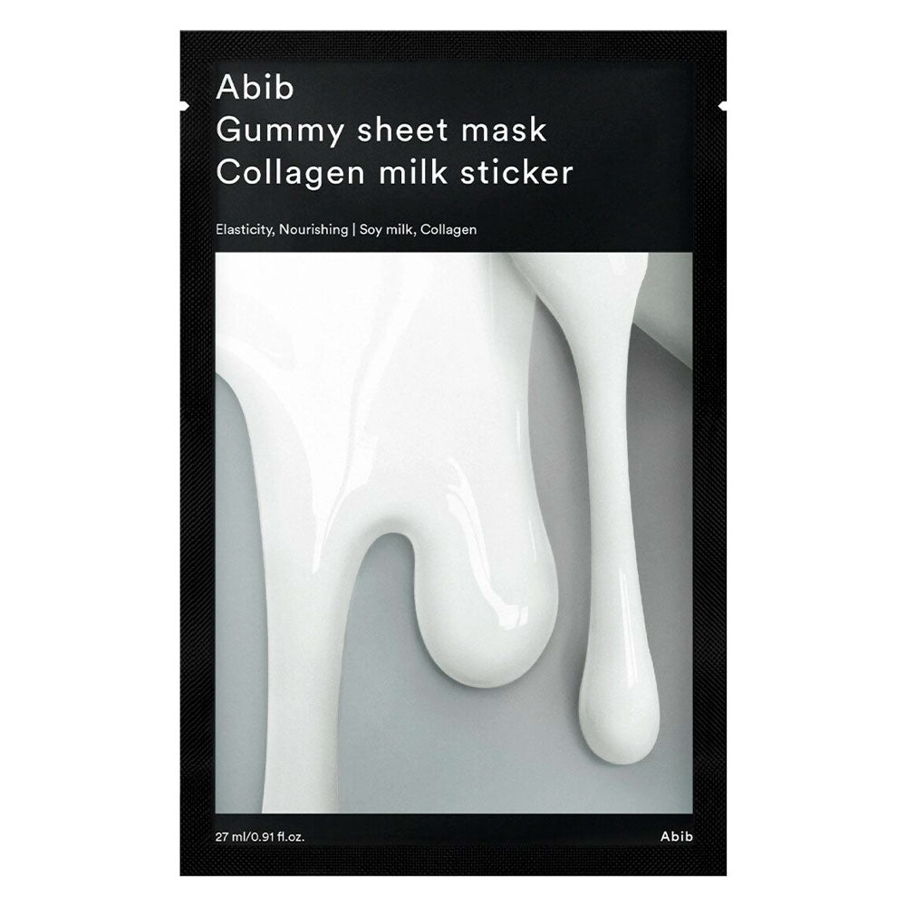Abib Gummy sheet mask packaging with collagen milk sticker on a white background