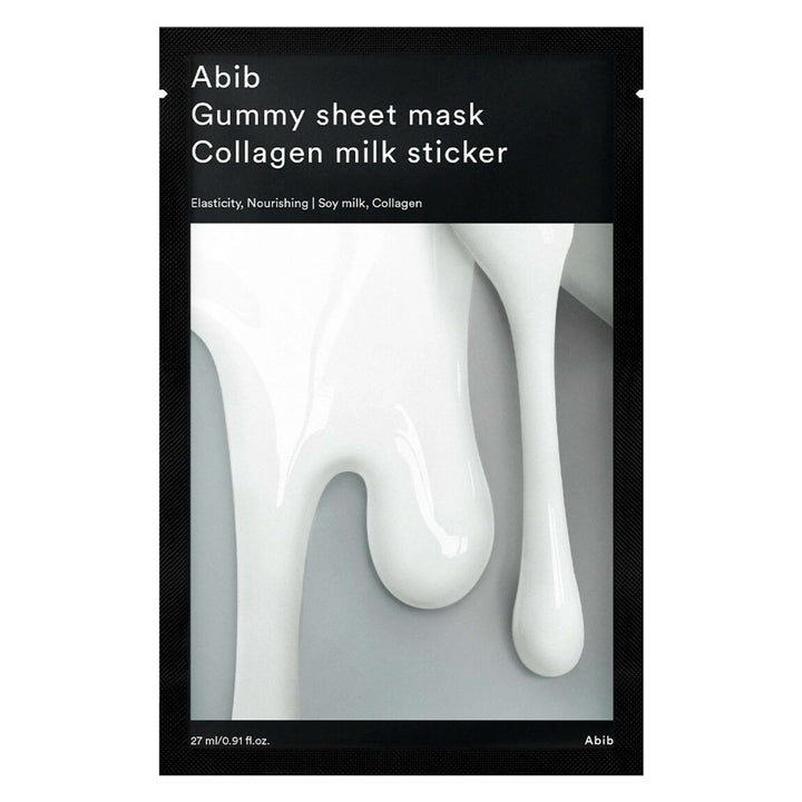 Abib Gummy sheet mask packaging with collagen milk sticker on a white background
