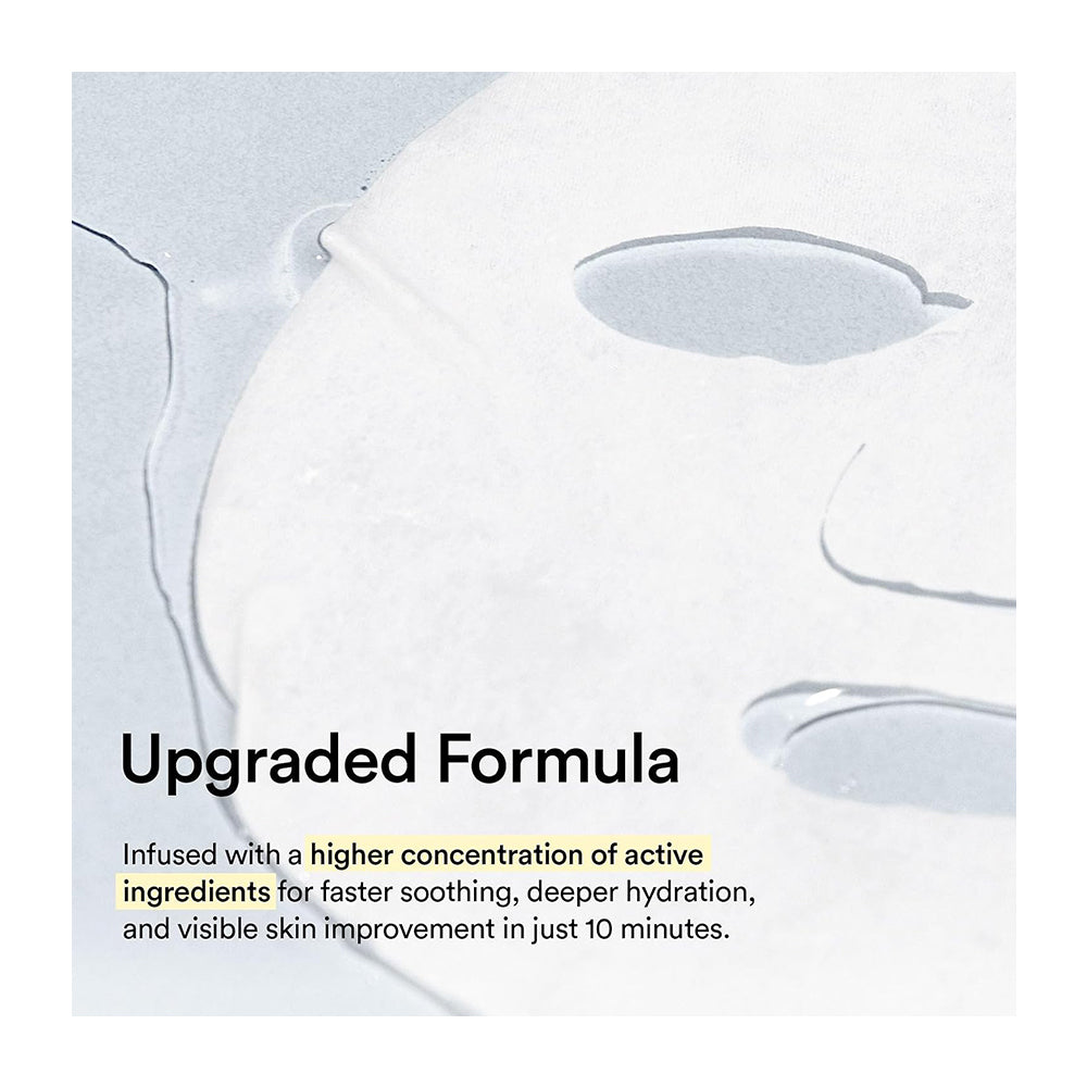 A close-up of a white sheet mask on skin with the text &