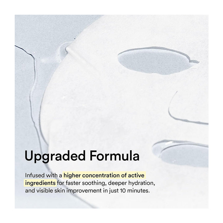 A close-up of a white sheet mask on skin with the text &