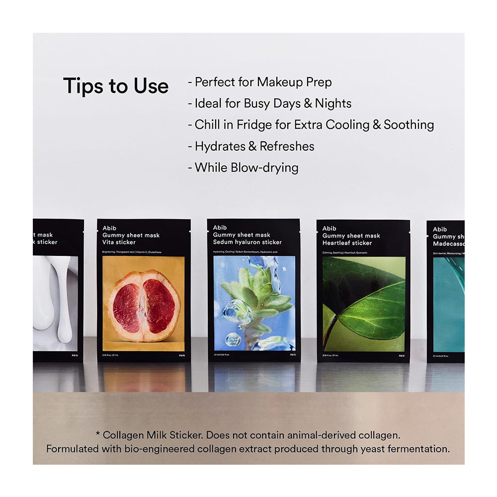 A promotional graphic for Aibh Gummy Sheet Mask Gummy Sticker products, showing several black packet packages with different colorful label designs on a reflective surface. The top section has a light gray background with black text reading &