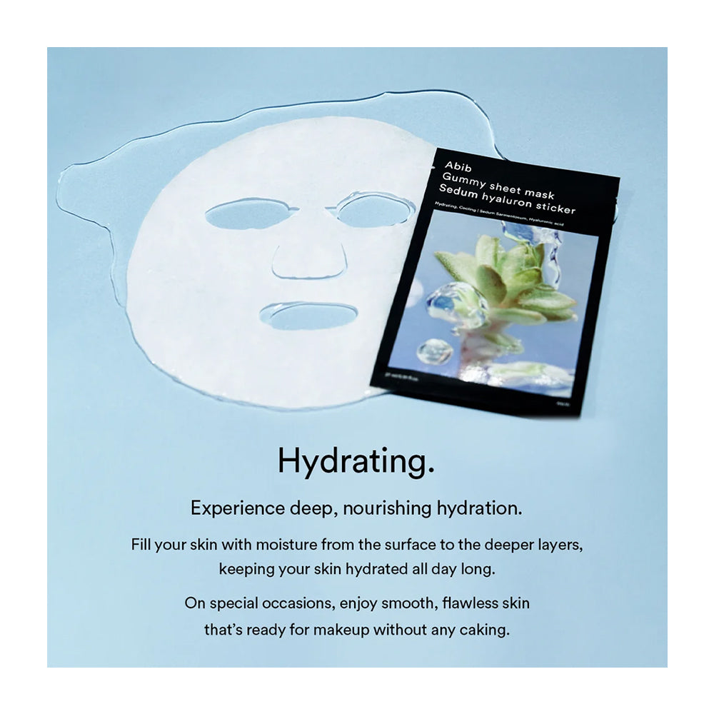 A sheet mask product shown on a light blue background with a large translucent mask shape and the product package placed beside it. The package reads &