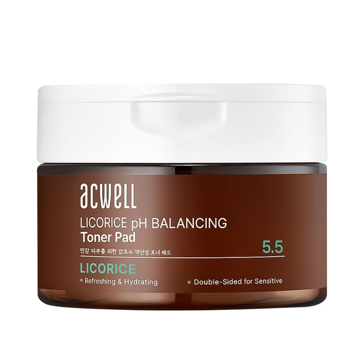 acwell Licorice pH Balancing Toner Pad jar, featuring a dark brown translucent container with a white flip-top lid, on a clean white background.