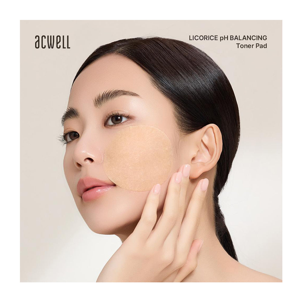 A woman with a beige oval licorice pH balancing toner pad applied to her cheek, shown against a light beige background with the brand name &