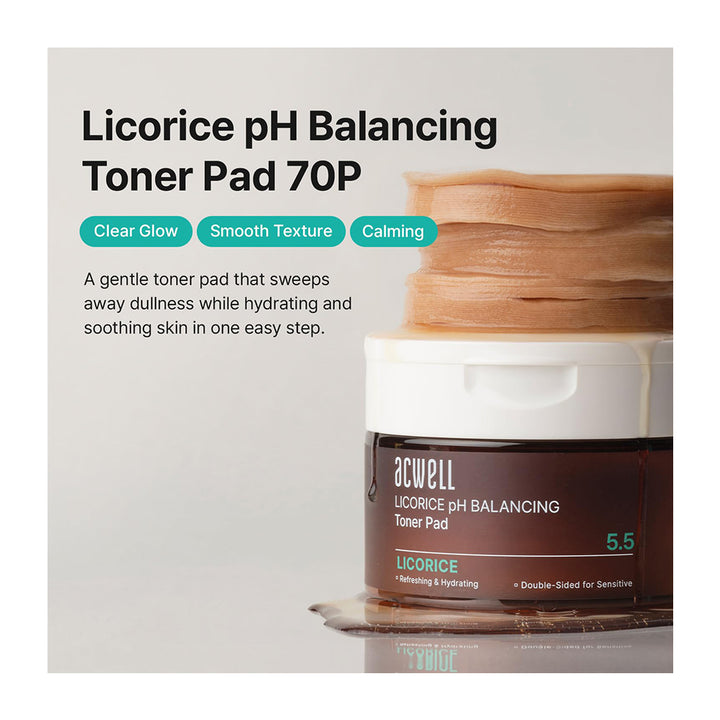 Acwell Licorice pH Balancing Toner Pad 70P jar shown on a light gray background with promotional text. The jar is dark brown with a white lid and a stacked beige-toned pad visible above it.