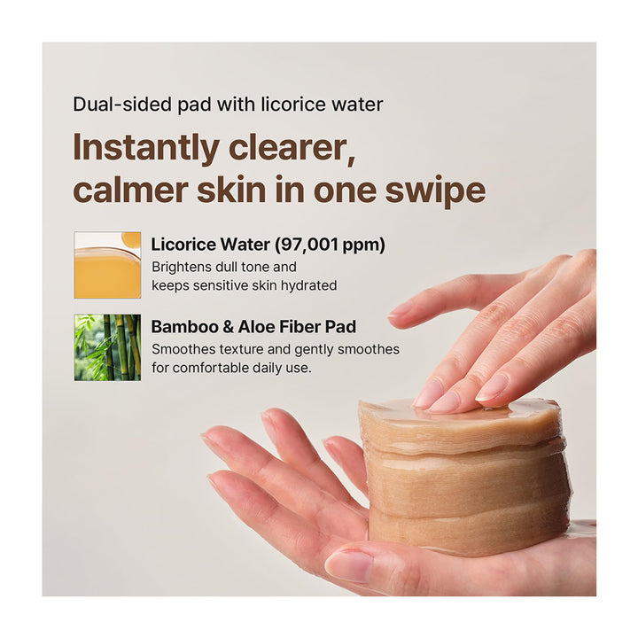 A hand holds a round beige skincare pad while another hand swipes across the top. Text on a light gray background describes the product as a dual-sided pad with licorice water and bamboo &amp; aloe fiber pad, with small ingredient icons and text explaining benefits.