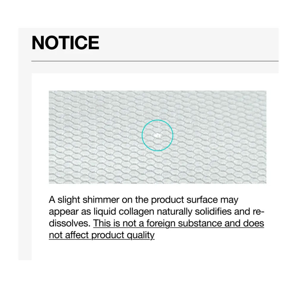 Notice text about product surface shimmer on a white background