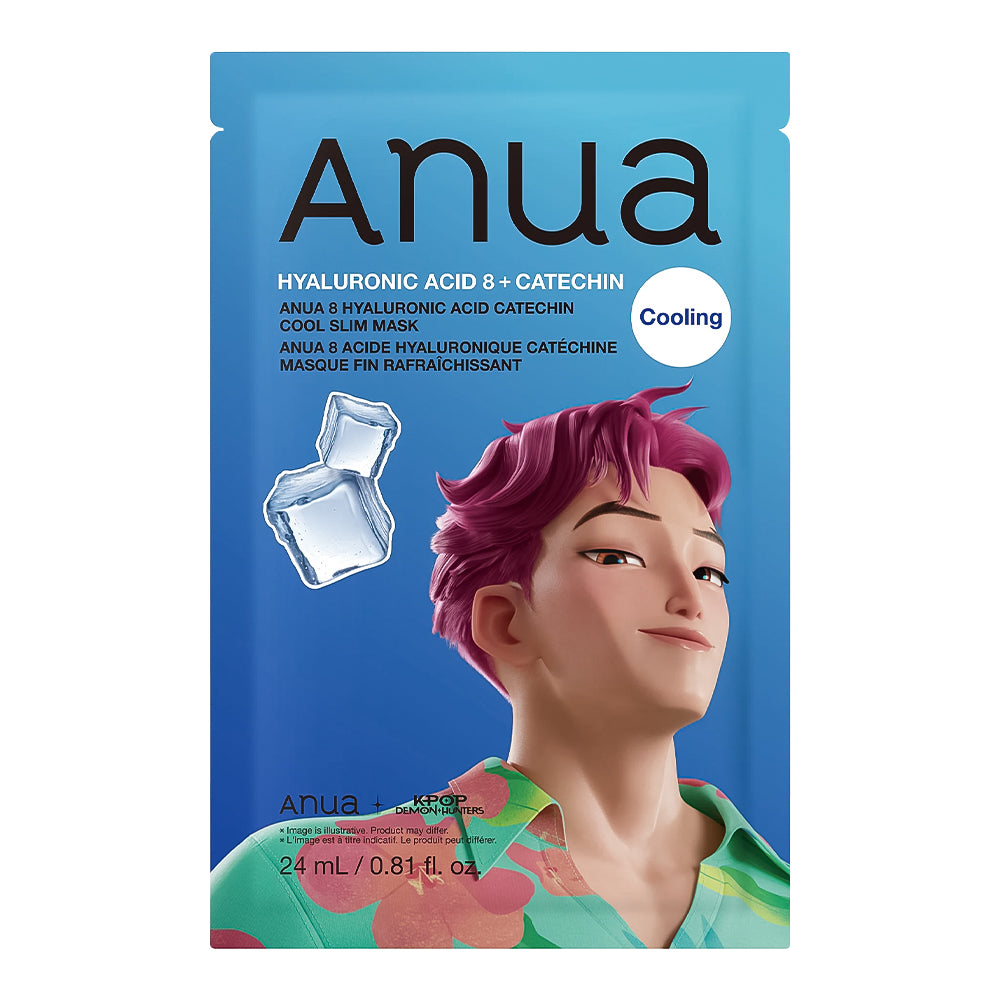 Anua Cooling Hyaluronic Acid 8 + Gatechin Slim Mask in a blue resealable pouch with a stylized illustration of a person with pink hair and a floral shirt, plus two ice cubes on the front.