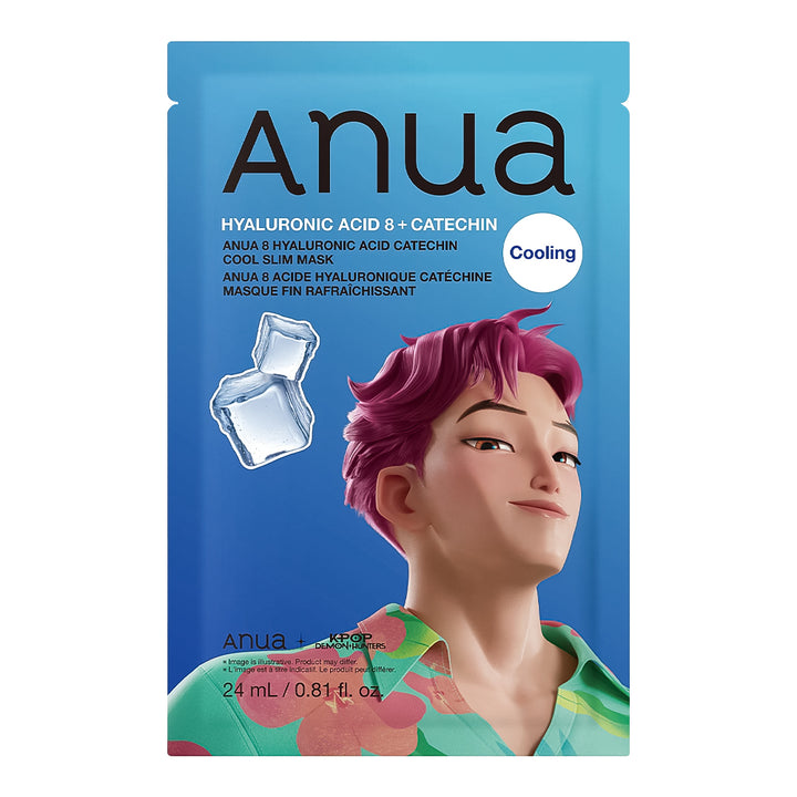 Anua Cooling Hyaluronic Acid 8 + Gatechin Slim Mask in a blue resealable pouch with a stylized illustration of a person with pink hair and a floral shirt, plus two ice cubes on the front.