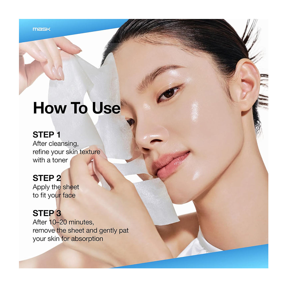 Instructional graphic showing a woman applying and removing translucent sheet masks from her face, with text explaining the three-step usage process. The brand name &
