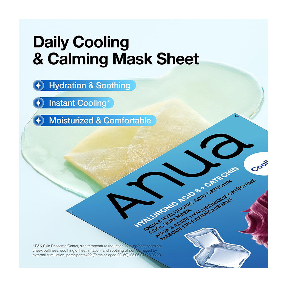 Anua Daily Cooling & Calming Mask Sheet package shown on a light blue background with descriptive marketing text and a translucent mask sheet visible behind the box.