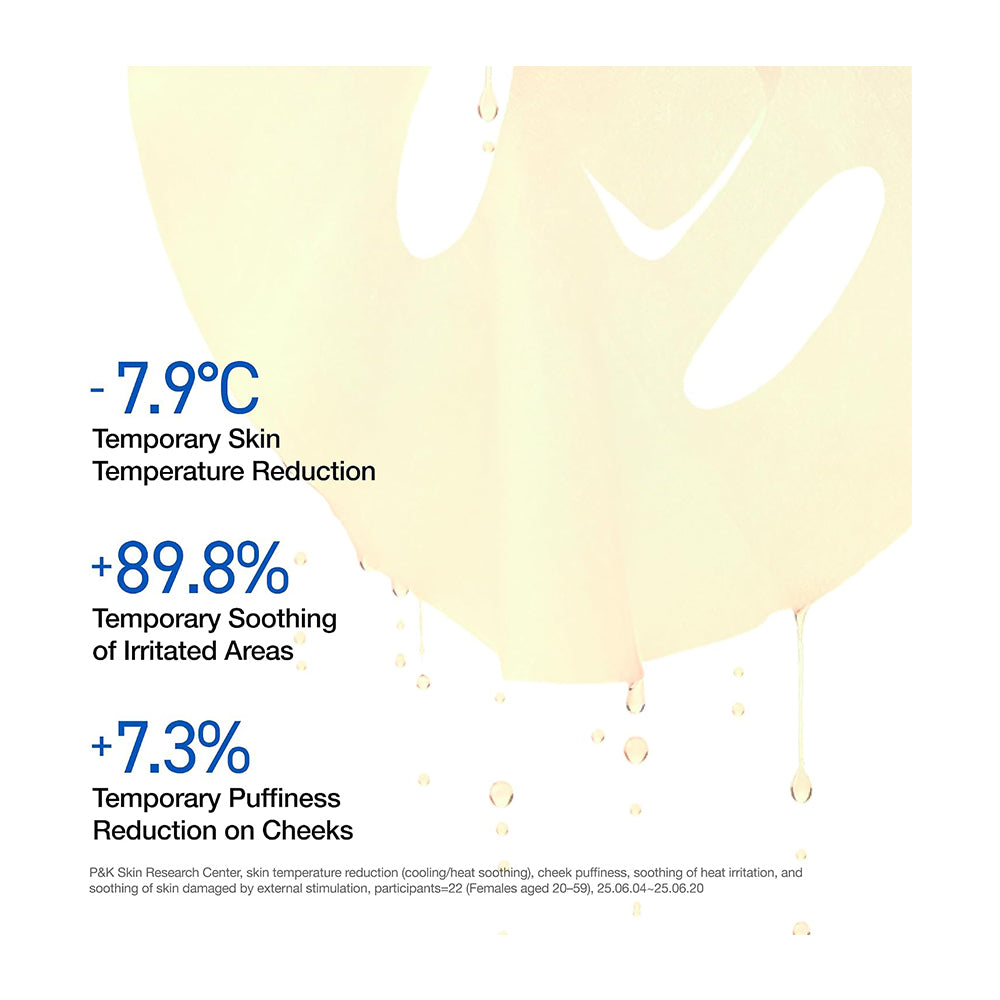 A pale yellow cosmetic droplet graphic on a white background with blue text showing skin benefit claims: -7.9°C temporary skin temperature reduction, +89.