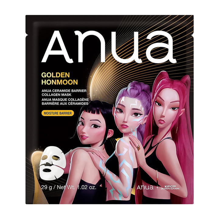 Anua Golden Honmoon Moisture Barrier collagen mask packaging, featuring a black background with gold accents, stylized illustrations of three women, and a white sheet mask graphic.