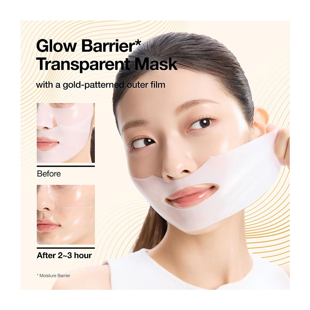 A woman wearing a transparent face mask peel with a gold-patterned outer film, shown against a light beige background with before-and-after inset photos and text describing the glow barrier and transparent mask.