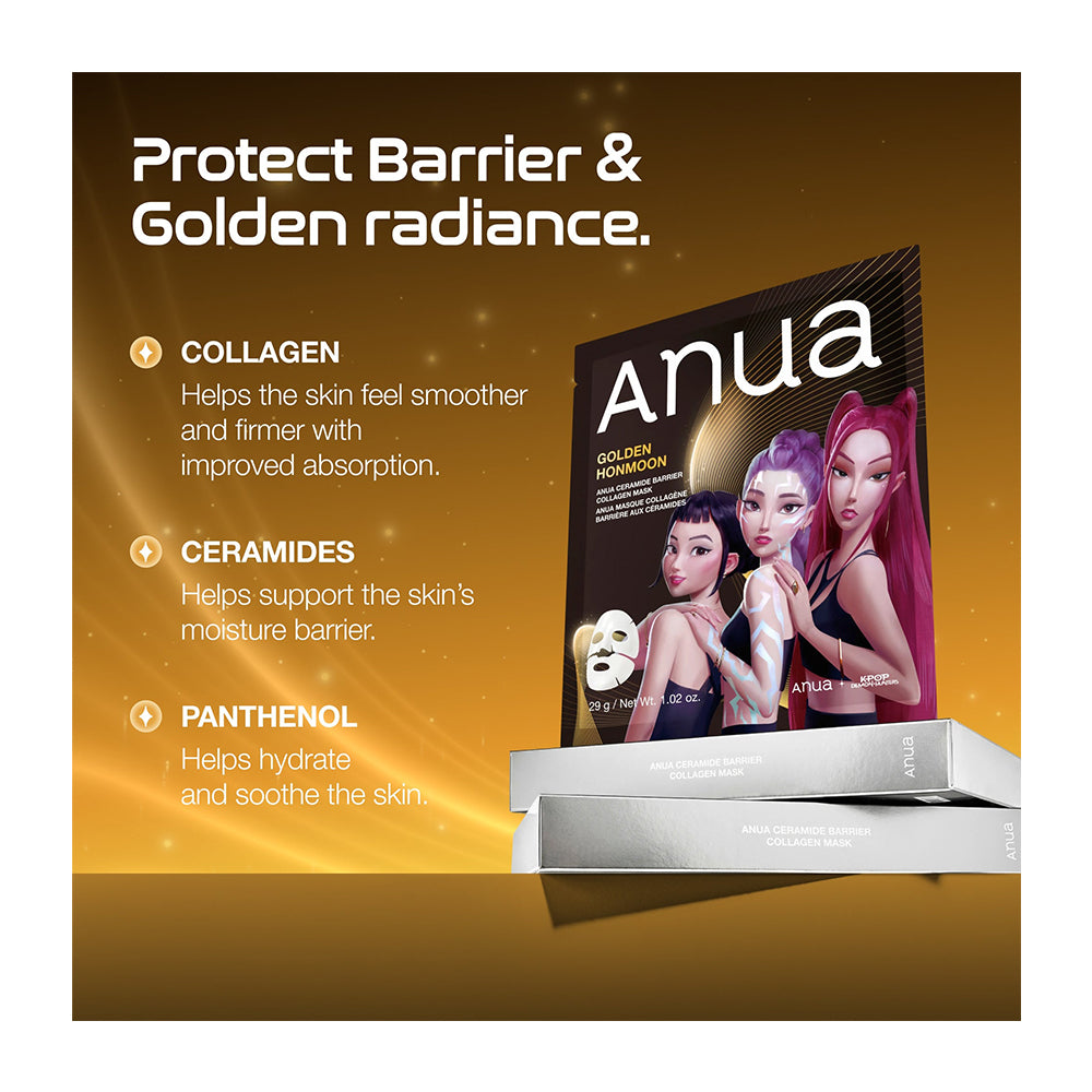 Anua Golden Pomegranate barrier repair cream packaging shown on a gold gradient background with text highlighting collagen, ceramides, and panthenol benefits.