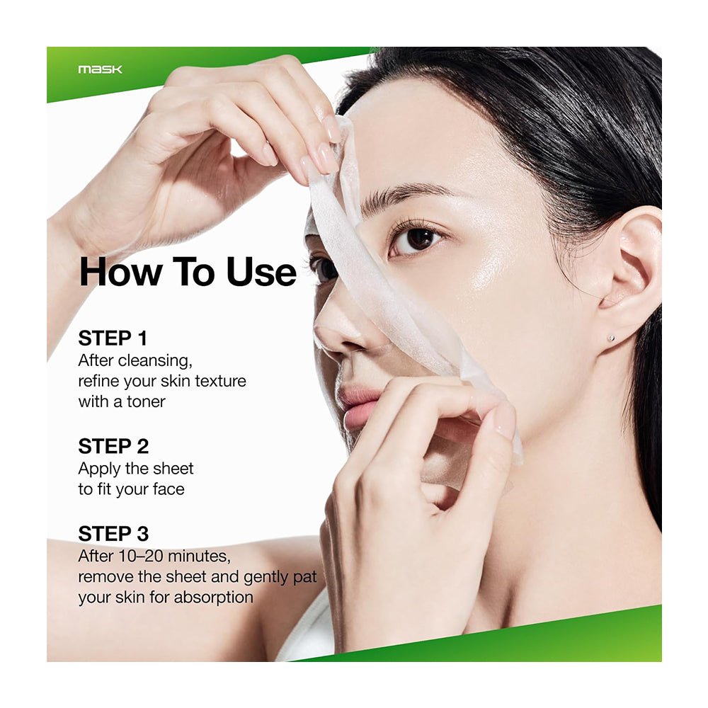 Instructional graphic showing a woman peeling a translucent mask sheet from her face, with text explaining how to use the mask in three steps. The brand name &