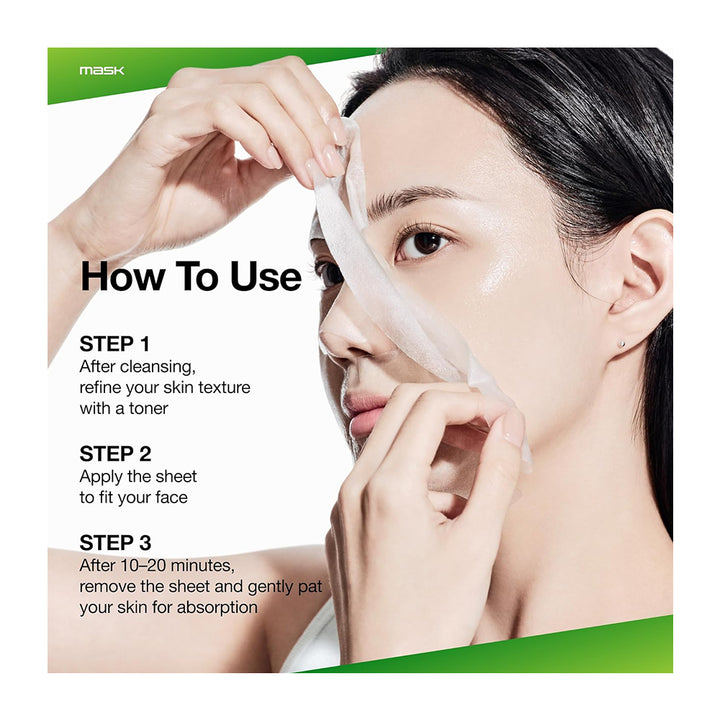 Instructional graphic showing a woman peeling a translucent mask sheet from her face, with text explaining how to use the mask in three steps. The brand name &