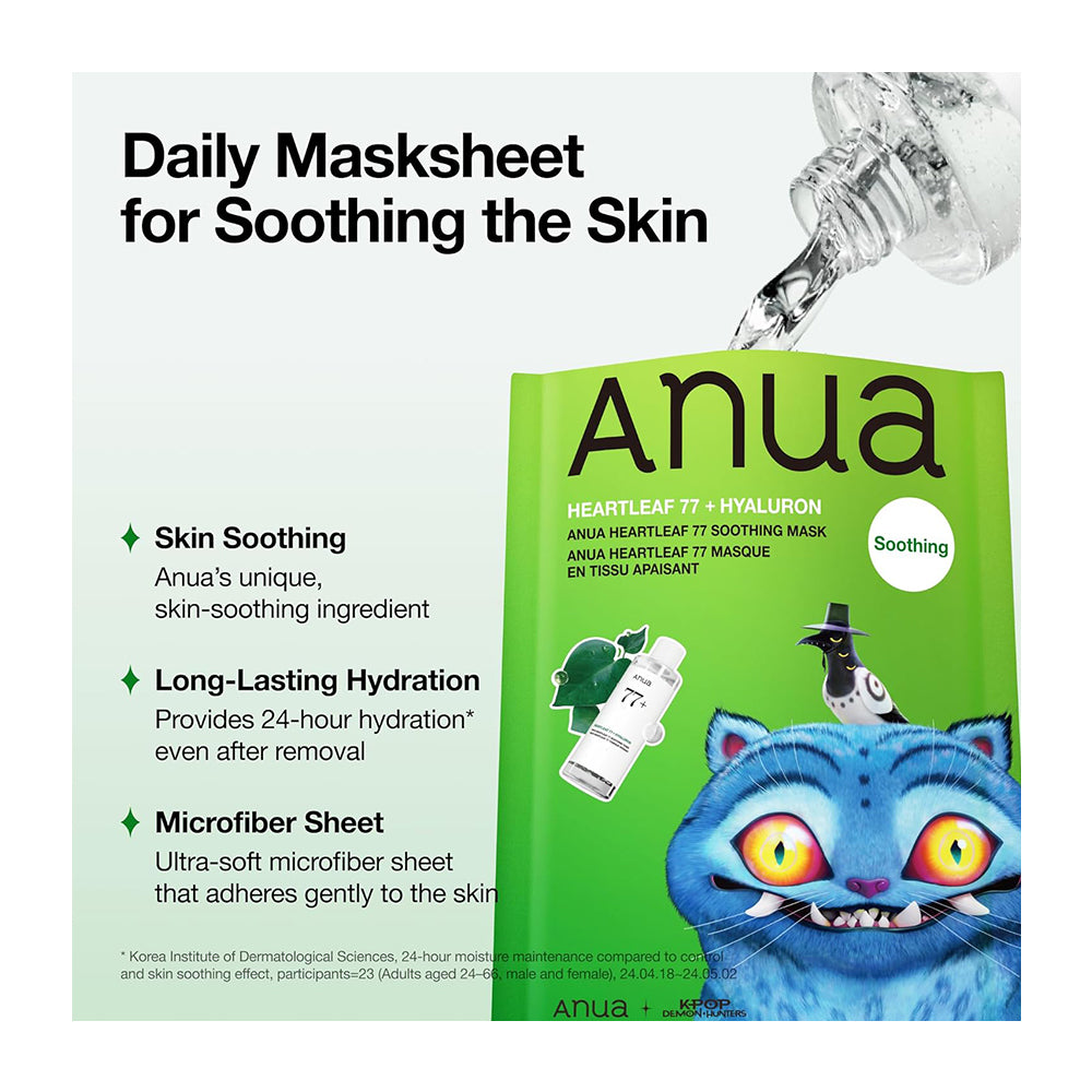 Anua Heartleaf 77 Soothing Mask daily mask sheet packaging shown with water being poured over it on a white background. The packaging is bright green with a blue cat illustration and text highlighting skin-soothing benefits.