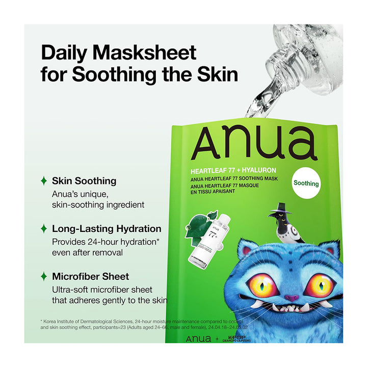 Anua Heartleaf 77 Soothing Mask daily mask sheet packaging shown with water being poured over it on a white background. The packaging is bright green with a blue cat illustration and text highlighting skin-soothing benefits.