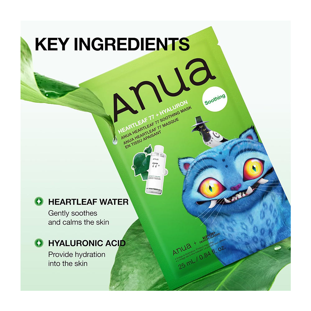 Anua Soothing Heartleaf 77 + Hyaluronic Acid mask packet shown on a light background with promotional text and green leaves. The packet is bright green with a blue cat illustration and product details.